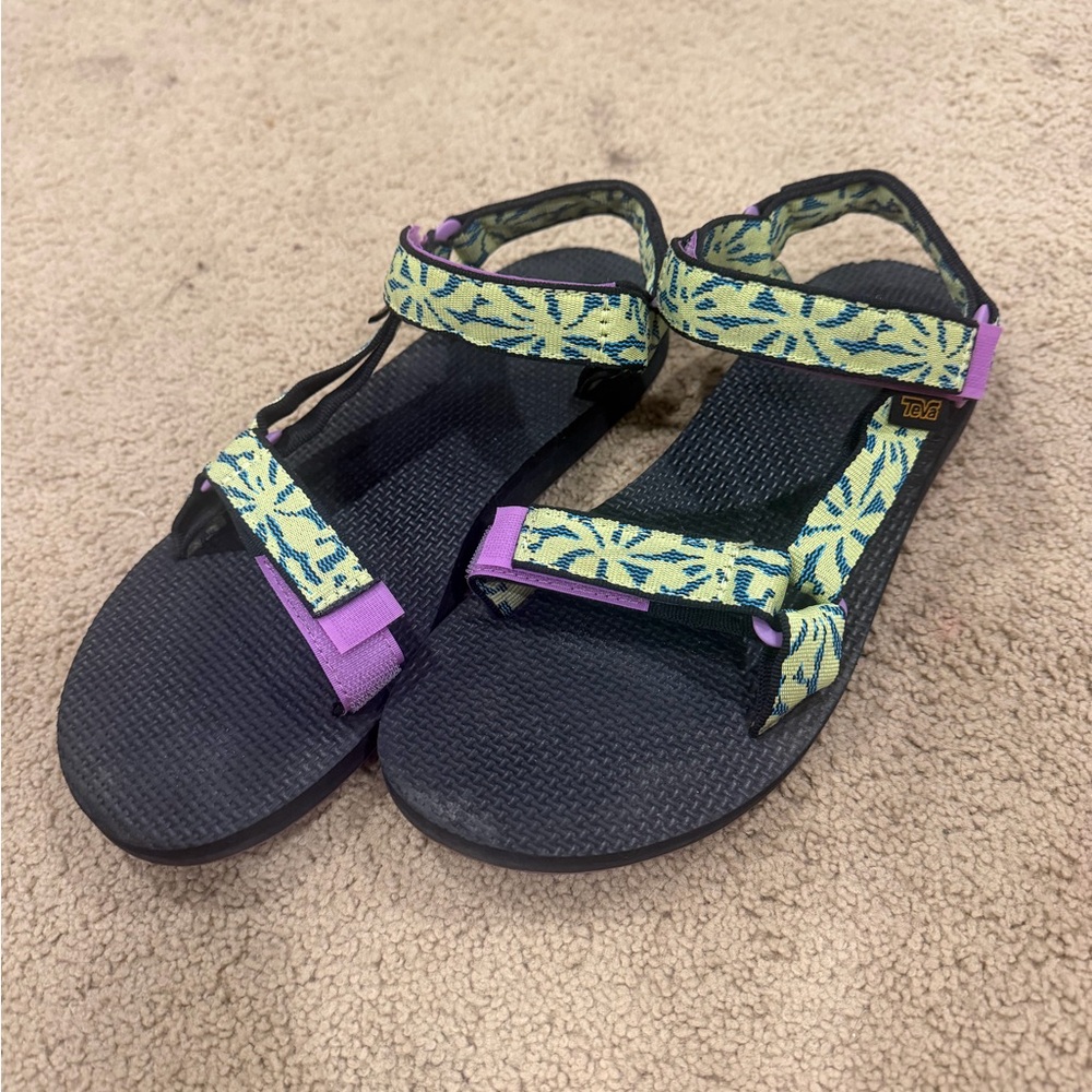 Teva Women's Outdoor Sandals - Lime Green Pattern with Purple Tabs